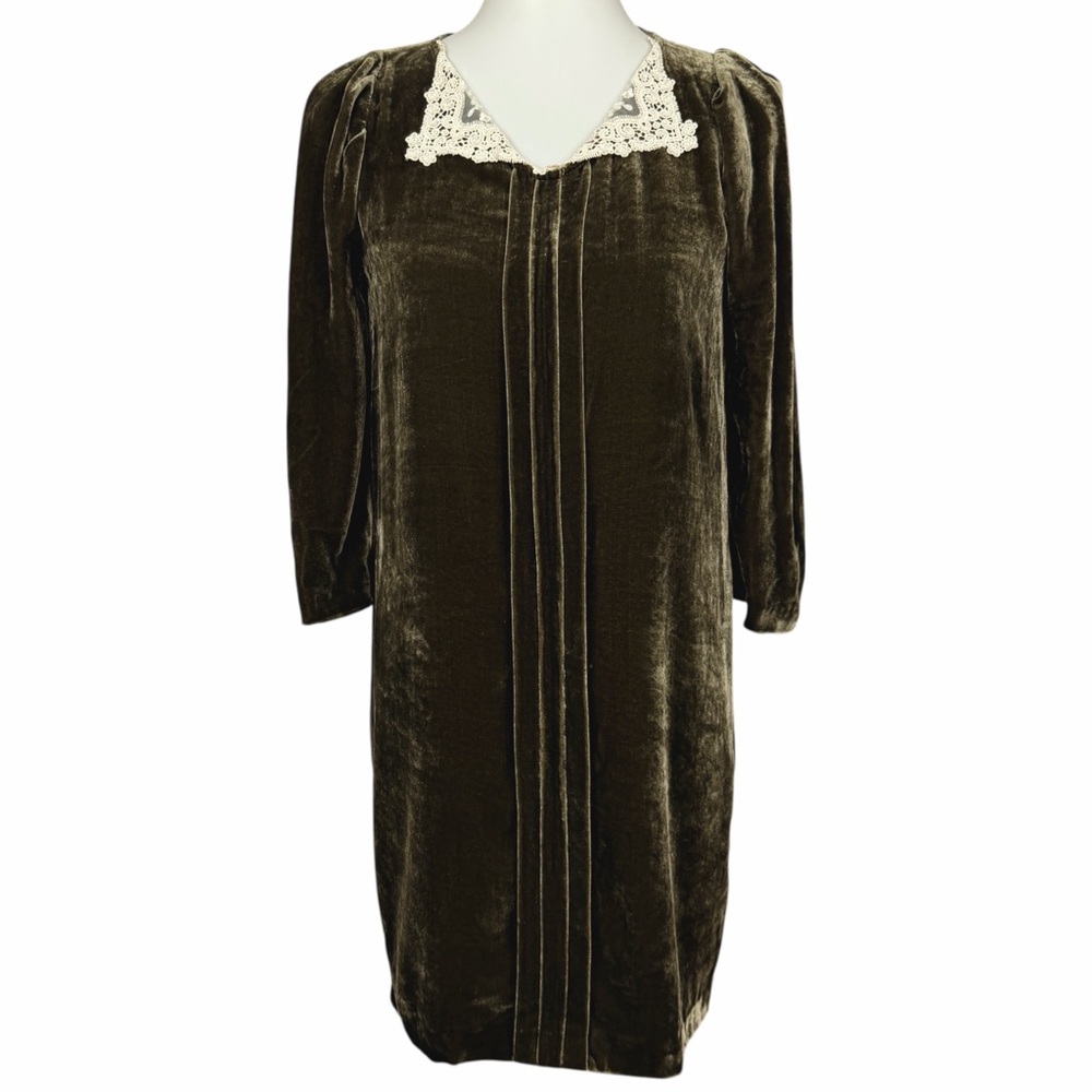 Vintage Sandro Velvet Dress Womens Small Green Victorian Lace Collar